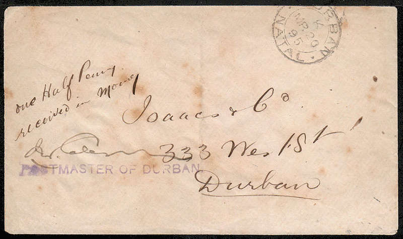 NATAL 1895 COLEMAN PROVISIONAL ENVELOPE ONE HALF PENNY RECEIVED IN MONEY
