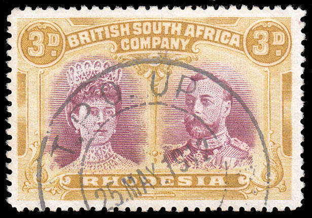 RHODESIA BSAC VERY FINE "T.P.O. UP 25 MAY 1912" POSTMARK ON 3d PERF 14 DOUBLE HEAD