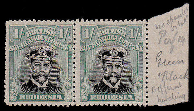 RHODESIA 1913-22 ADMIRALS DIE IIIB 1s BLACK AND GREENISH BLUE MARGINAL PAIR FINE MNH. SACC 268 SHADE