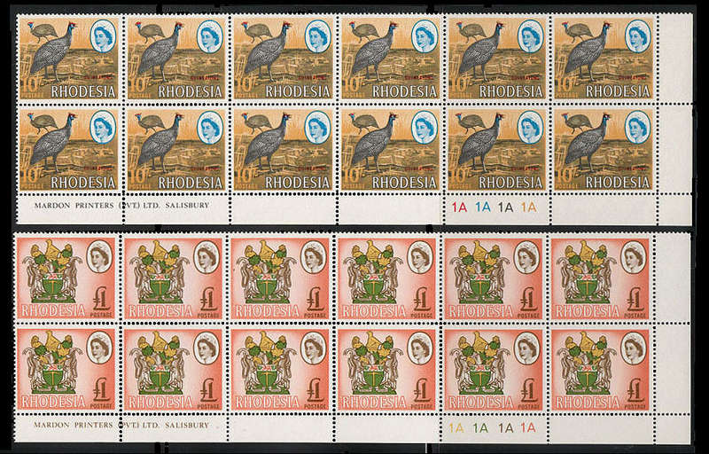 RHODESIA 1966-70 MARDON PRTGS 10s AND £1 IN MARGINAL IMPRINT/CONTROL BLOCKS OF 12 VERY FINE MNH