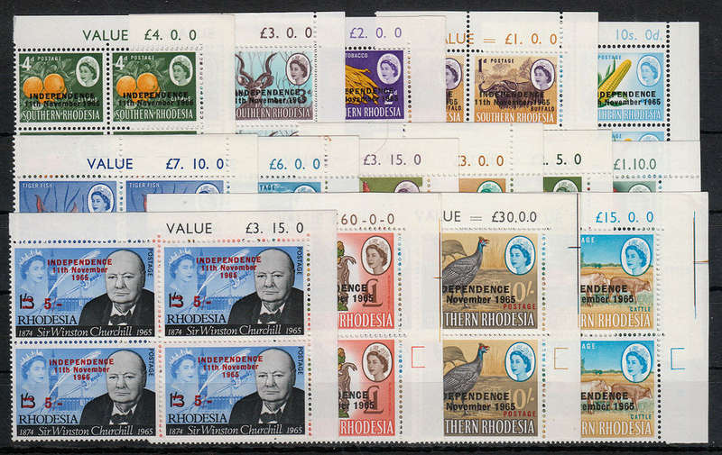 RHODESIA 1965 OVPTS COMPLETE SET INCL CHURCHILL IN SHEET VALUE CORNER BLOCKS MNH SACC 116-30