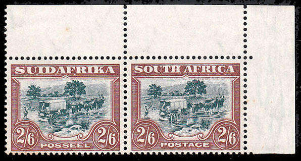 SOUTH AFRICA 1930 ROTOS 2s6d GREEN AND BROWN SHADE CORNER PAIR VERY FINE MNH. SACC 50 R6500