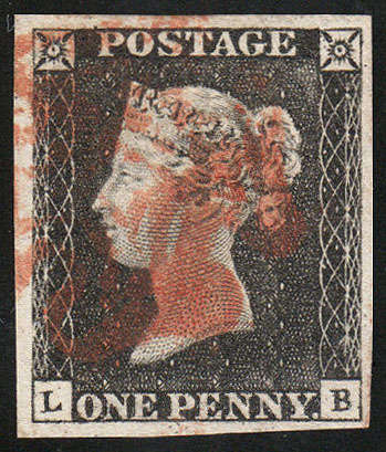 GREAT BRITAIN 1840 1d BLACK PLATE 4 LETTERS L-B WITH LARGE MARGINS FINE USED WITH RED MC. SG 2