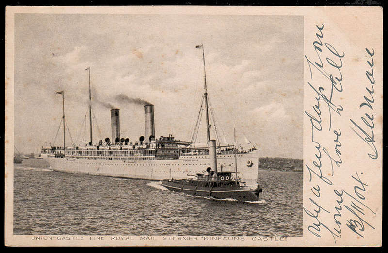 CGH 1904 'CAPE COLONY OCEAN POST OFFICE 15 NO 01 LETTER K' PMK, VIEW SIDE KINFAUNS CASTLE TO CT