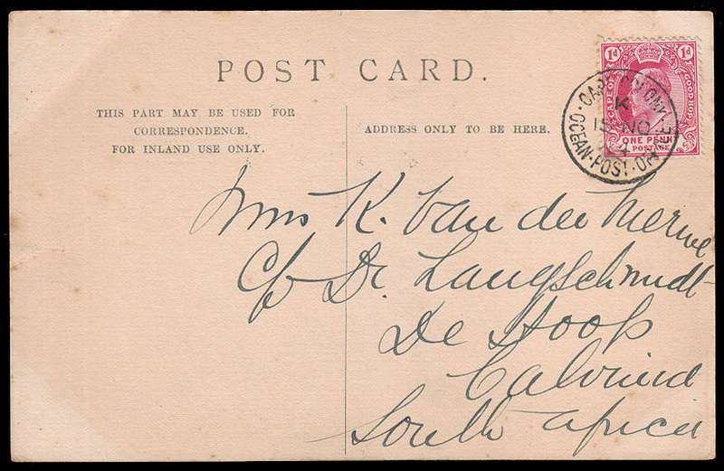 CGH 1904 'CAPE COLONY OCEAN POST OFFICE 15 NO 01 LETTER K' PMK, VIEW SIDE KINFAUNS CASTLE TO CT