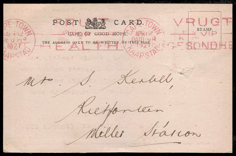UNION 1927 VERY FINE 'CAPE TOWN PAID ½d' SLOGAN POSTMARK IN RED ON POSTCARD TO MILLER STATION