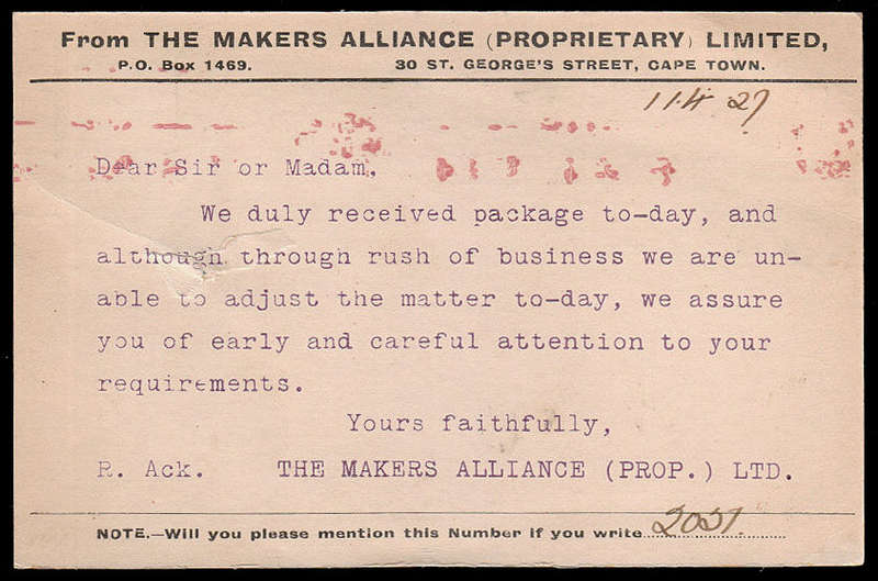 UNION 1927 VERY FINE 'CAPE TOWN PAID ½d' SLOGAN POSTMARK IN RED ON POSTCARD TO MILLER STATION