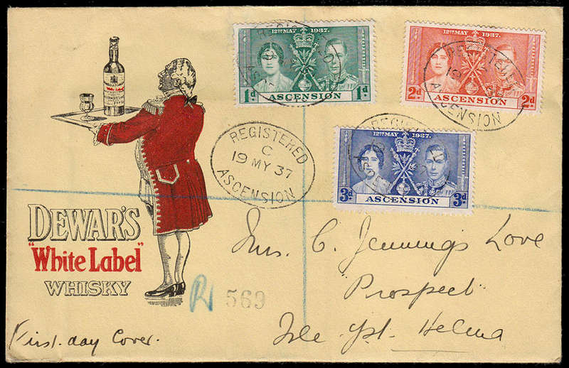 ASCENSION 1937 BEAUTIFULLY ILLUSTRATED DEWAR'S WHISKY REGISTERED COVER WITH CORONATION SET, FDC
