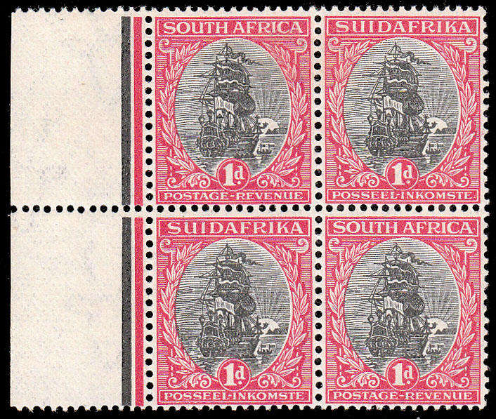 UNION 1927 PRETORIA PRTG 1d BLOCK OF 4 WITH LARGE PART OFFSET OF RED. TOP PAIR FRONT LMM, OFFSET MNH