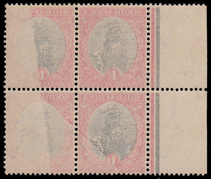 UNION 1927 PRETORIA PRTG 1d BLOCK OF 4 WITH LARGE PART OFFSET OF RED. TOP PAIR FRONT LMM, OFFSET MNH
