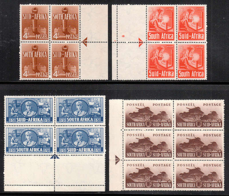 SOUTH AFRICA 1941 WAR 3d, 4d, 6d ARROW BLOCKS OF 4, 1s ARROW BLOCK OF 6 VERY FINE MNH. R1980