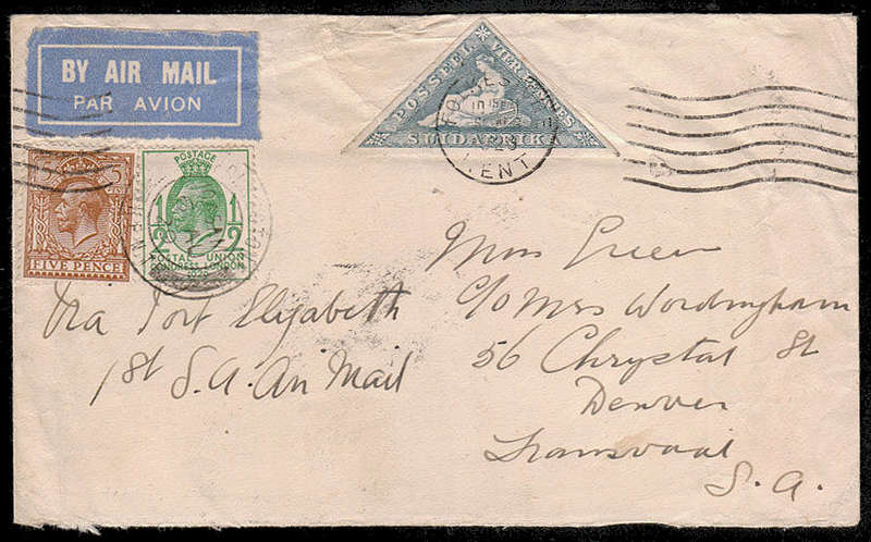1929 COVER FRANKED GB 5d + ½d PLUS UNION 4d TRIANGULAR CANCELLED FOLKSTONE 6 AUG 1929. READ BELOW