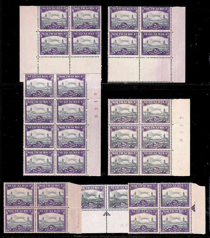 1945 UNION BUILDINGS 2d VIOLET SHADES SHEET # BLOCKS + OTHER BLOCKS INCL ARROWS MNH SACC 106 var