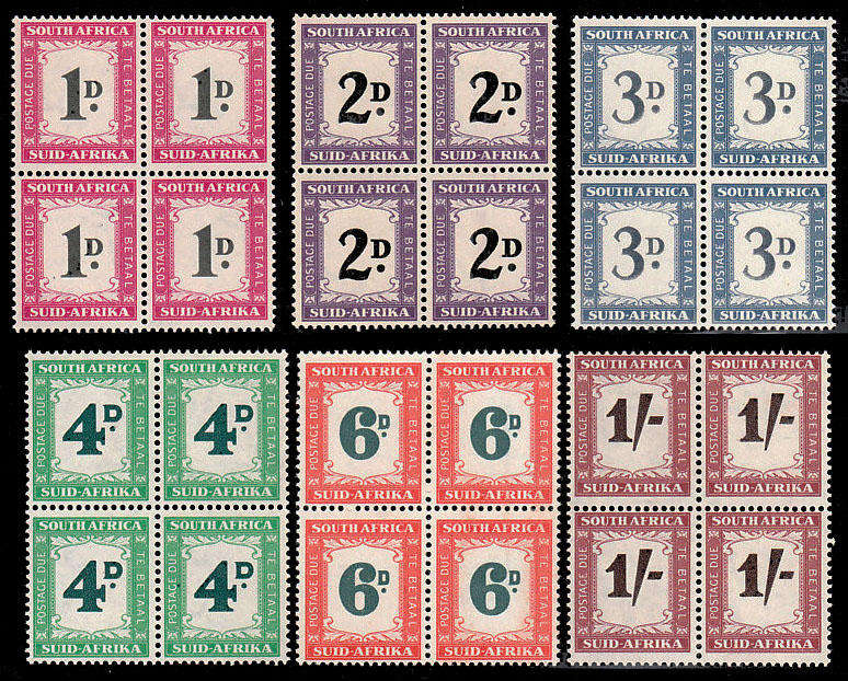 UNION 1950-58 POSTAGE DUES SET 6 VALUES IN BLOCKS OF 4 VERY FINE MNH. SACC 38-43. CAT R2600