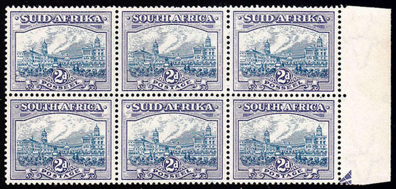UNION 1933-48 PICT 2d BLUE AND VIOLET  PART ARROW BLOCK OF 6 VERY FINE MNH SACC 58a