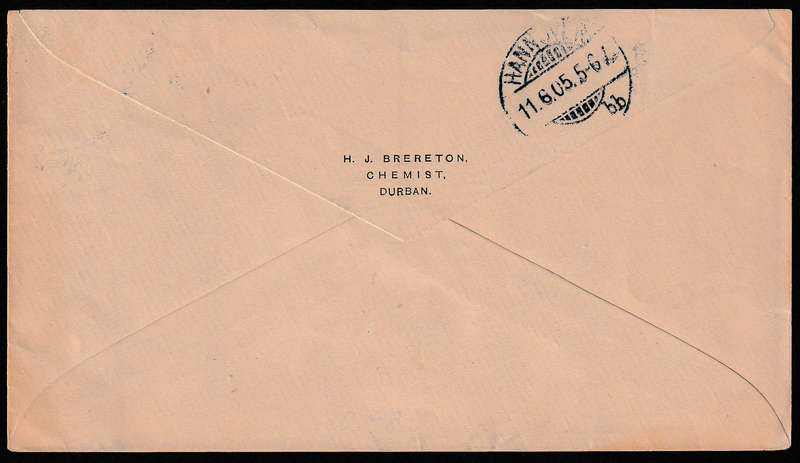 NATAL  1905 (MY 15) COVER TO GERMANY FRANKED KEVII 2d PERFORATED HJB AND ½d FROM DURBAN TO GERMANY.