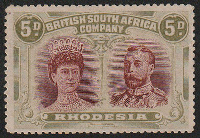RHODESIA DOUBLE HEADS 5d PERF 15 OLIVE GREEN WITH PRINTERS MARK VERY FINE MINT. SACC 175 R15000