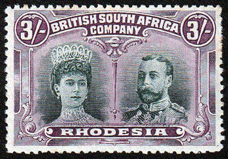 RHODESIA DOUBLE HEADS 3s GREEN AND VIOLET SHADE SHOWING GASH IN EAR VARIETY FINE MINT. SACC 158