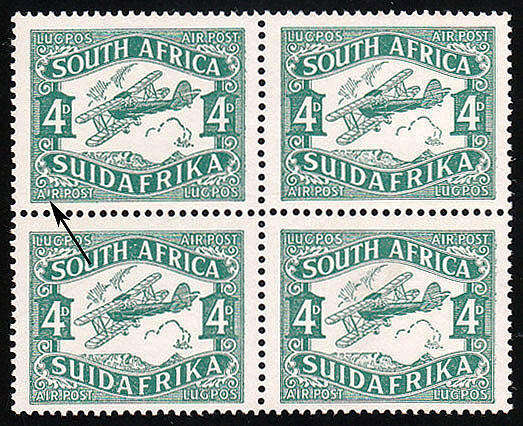 UNION 1929 AIRMAILS 4d BLOCK OF 4 TOP LEFT STAMP 'SHORT I' VAR VERY FINE MNH. SACC 40a