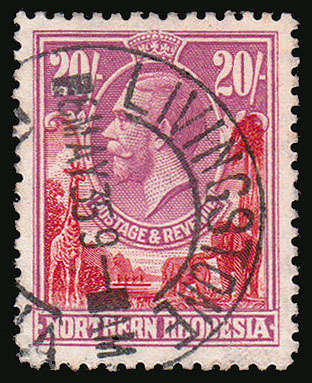 NORTHERN RHODESIA 1925 KGV 20s VERY FINE USED WITH LIVINGSTONE POSTMARK. SACC 20 CAT R3500. SEE DESC