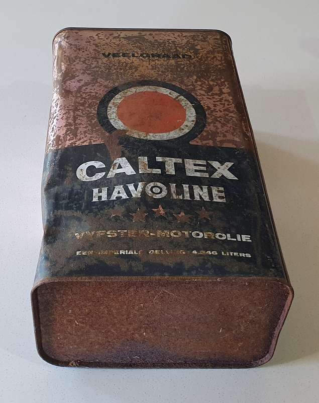 Vintage CALTEX 1 GALLON, HAVOLINE 5 STAR motor oil tin as per photo