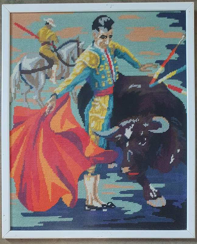 Framed tapestry of a matador bull fight as per photo