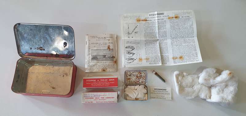 Vintage 1950-1960 FITZSIMONS snake bite outfit tin and accesories as per photo.