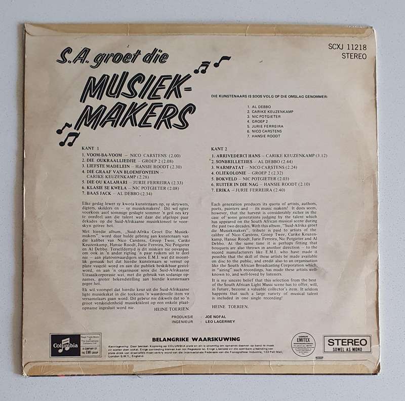 SA GROET DIE MUSIEKMAKERS - vintage vinyl LP as per photo