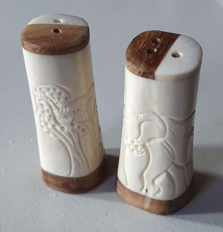 Unique SALT and PEPPER SET - WOOD AND BONE as per photo