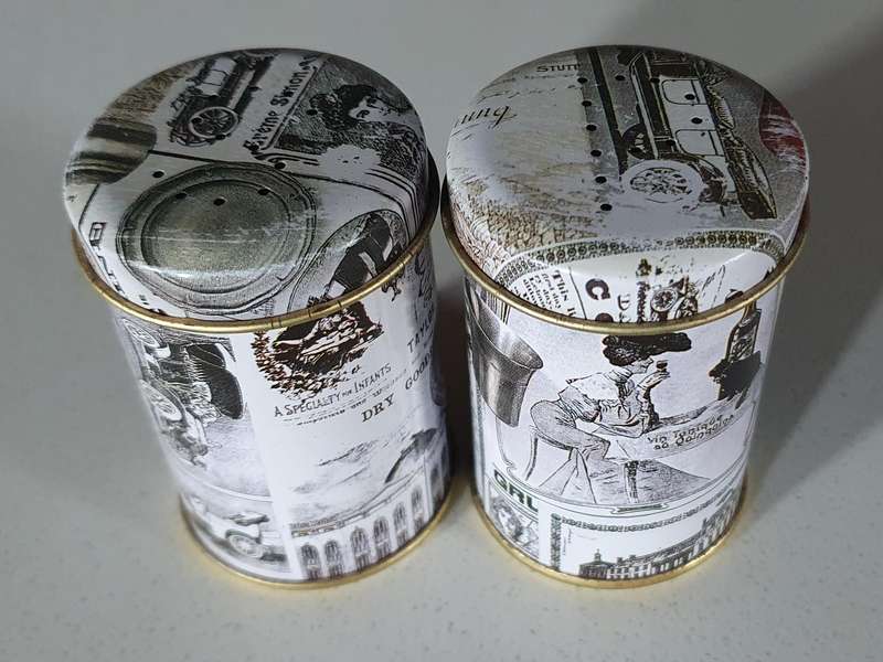 SALT and PEPPER tin set - as per photo