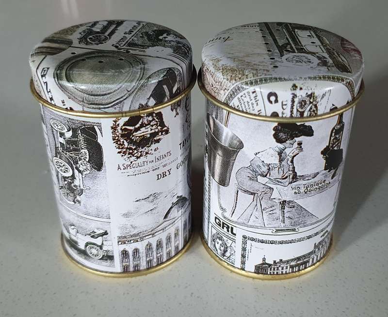 SALT and PEPPER tin set - as per photo