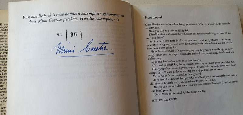 Onse Mimi by Wouter de Wet, hard cover, first edition nr.96 of 200 - signed by Mimi Coertse