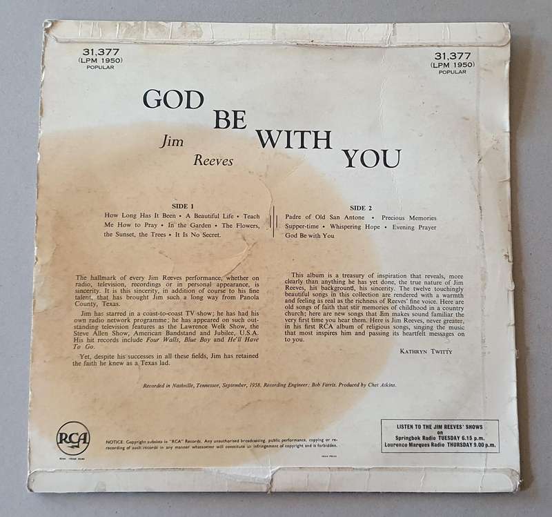 JIM REEVES God be with you - vintage vinyl LP as per photo
