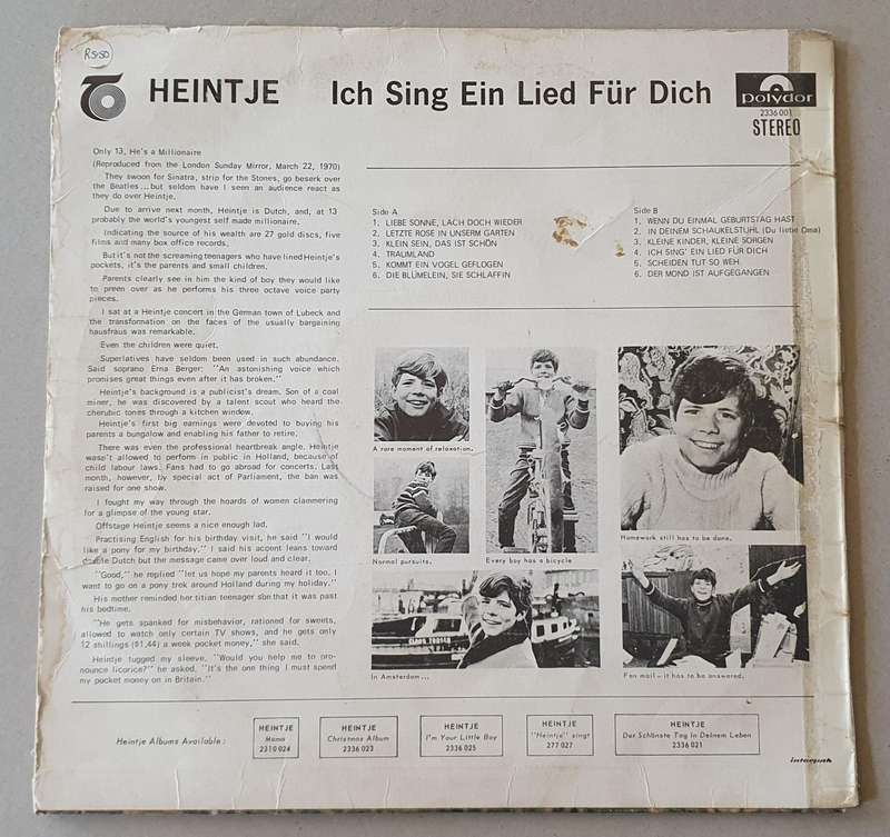 HEINTJE Ich sing ein lied fur dich - vintage vinyl LP as per photo