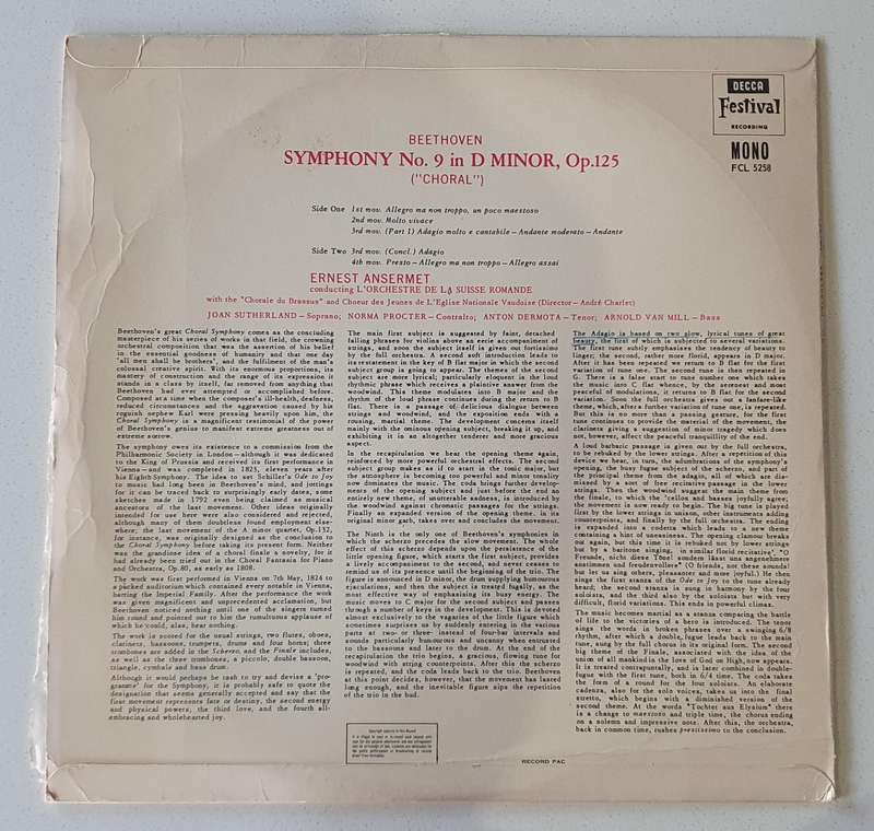 BEETHOVEN NINTH Ansermet - vintage vinyl LP as per photo