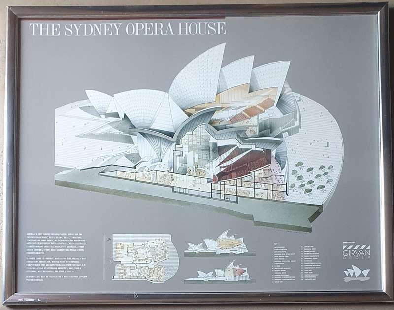 Vintage framed architectural poster of the Sydney opera house -  as per photo
