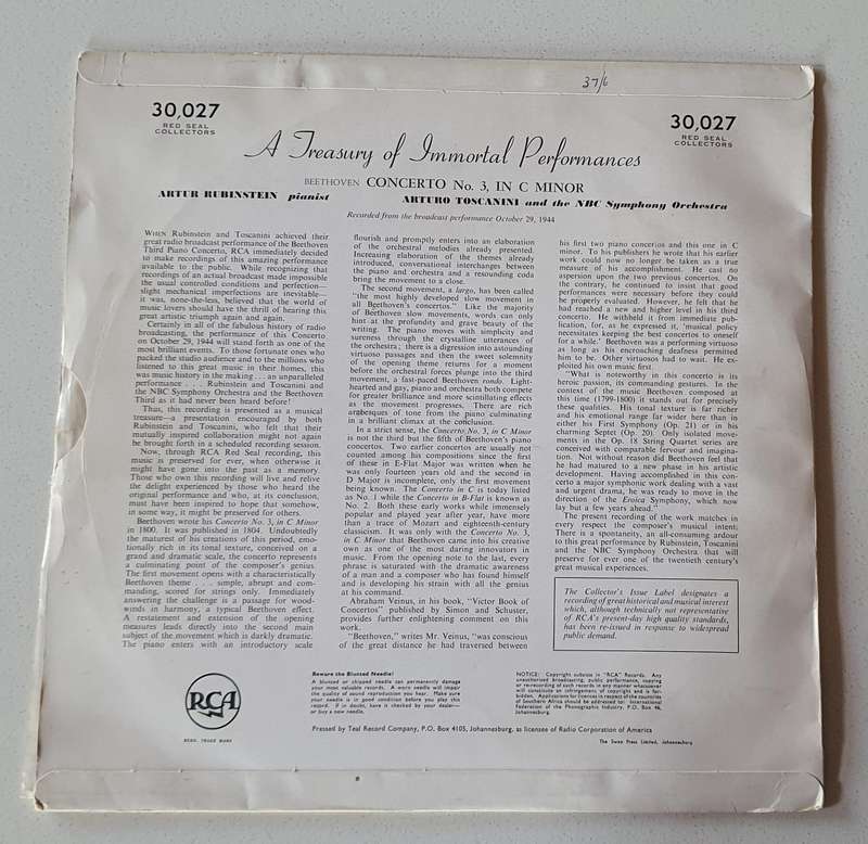 RUBINSTEIN TOSCANINI BEETHOVEN- vintage vinyl LP as per photo