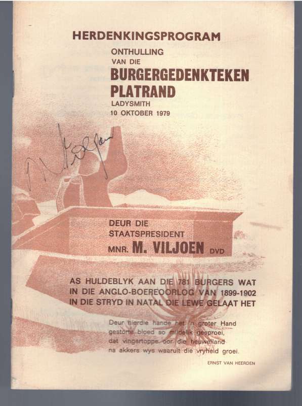 Herdenkingsprogram onthulling van die Burgergedenkteken Platrand Ladysmith 10 Okt. 1979, SIGNED