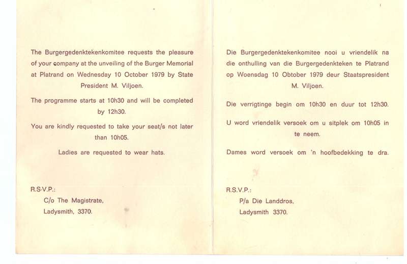 Herdenkingsprogram onthulling van die Burgergedenkteken Platrand Ladysmith 10 Okt. 1979, SIGNED