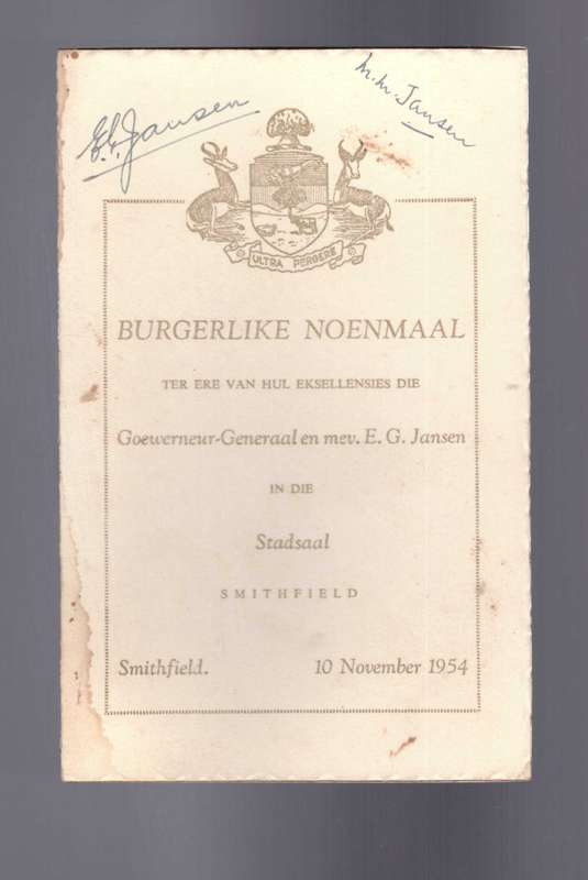 Spyskaart 1954, GETEKEN deur Goewerneur-Generaal Jansen en ander