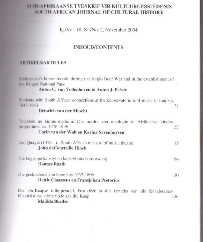 South African Journal of Cultural History / Volume 18 (number 2) November 2004