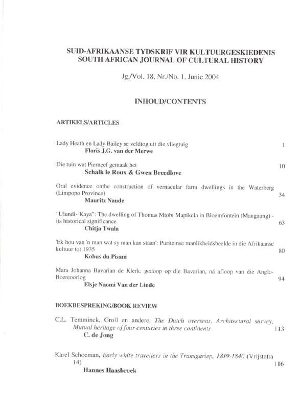 South African Journal of Cultural History, volume 18 (number 1) June 2004