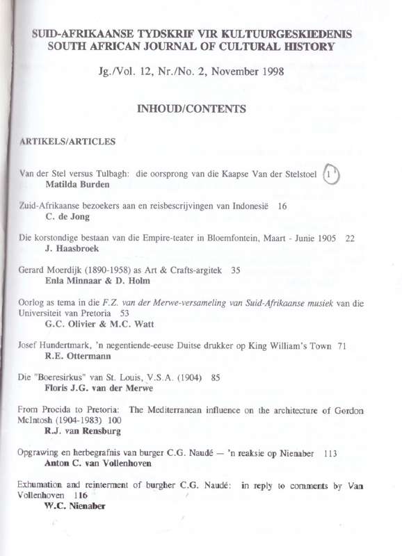 South African Journal of Cultural History, volume 12 (number 2) November 1998