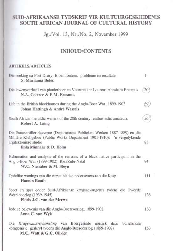 South African Journal of Cultural History, Volume 13, (number 2) November 1999