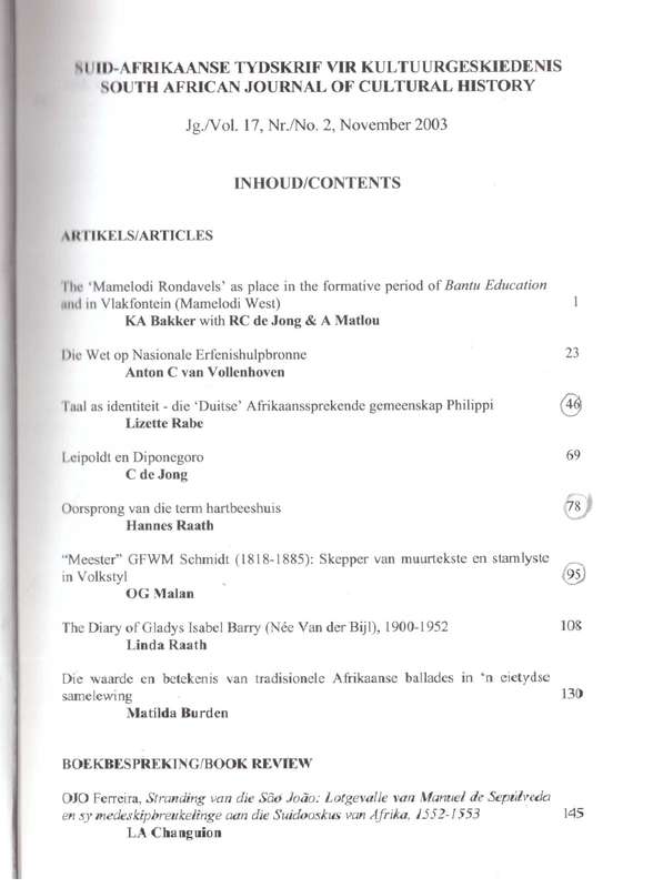 South African Journal of Cultural History, Volume 17 (number 2) November 2003