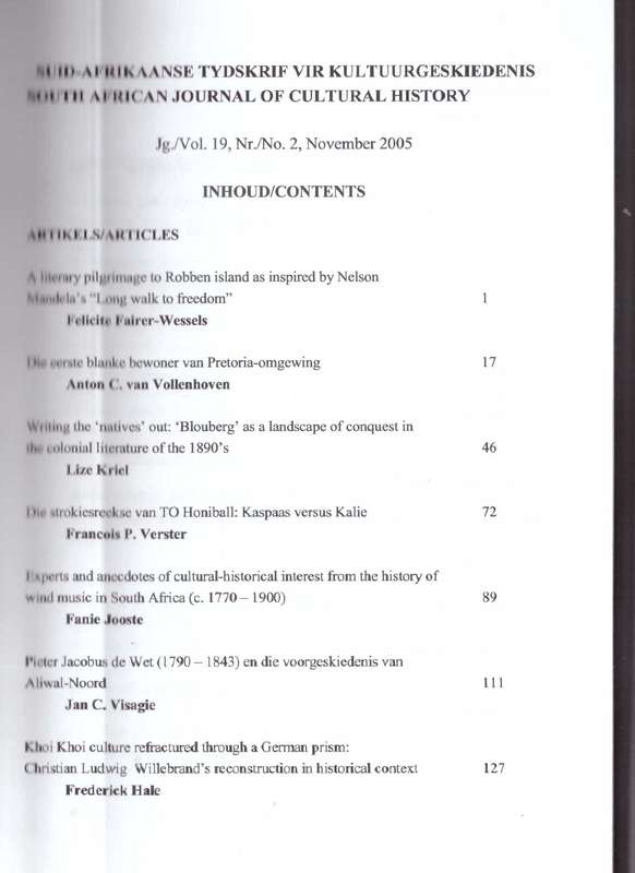South African Journal of Cultural History, June 2005 & November 2005 (T.O. Honiball)