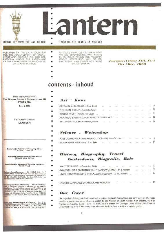 Lantern Journal / Tydskrif vir kennis en kultuur, Opera in Suid-Afrika, Over-Vaal, etc...