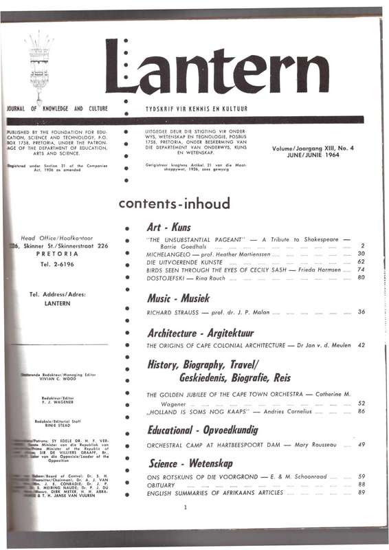 Lantern Journal / Tydskrif vir kennis en kultuur, A Tribute to Shakespeare, Ons rotskuns, etc..