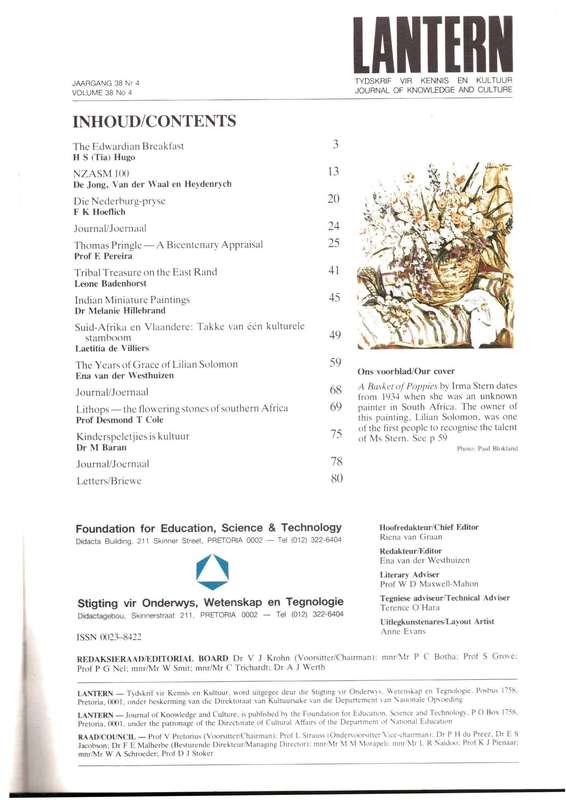 Lantern The Cultural Journal / Die kultuurtydskrif,  Thomas Pringle, NZASM 100, etc..