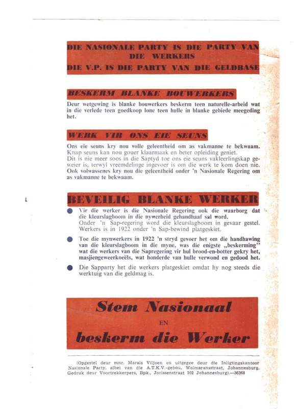Die Werker se Ware Vriend: die Nasionale Party (pamphlet)